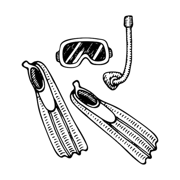 Vecteur croquis de plongée en apnée masque de plongée palmes de plongée immersion sous l'eau vacances en mer d'été illustration d'art vectoriel dessiné à la main