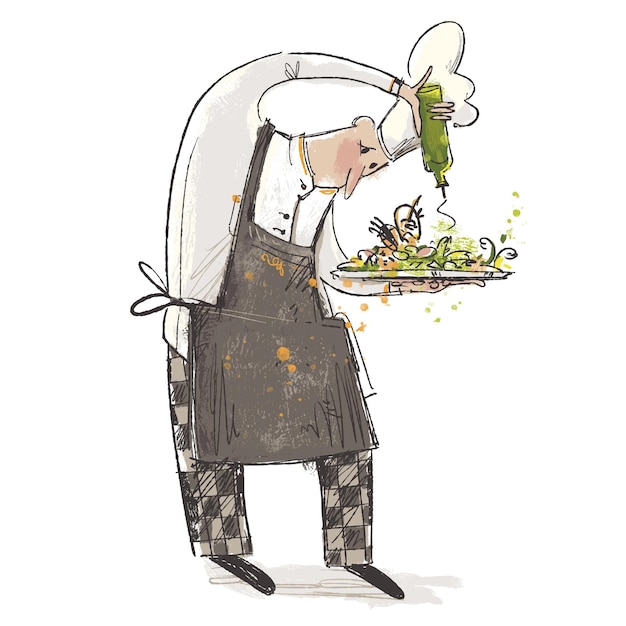 Croquis De Professions D'un Chef Saupoudrant Un Plat De Salade Avec Une Illustration D'huile D'olive