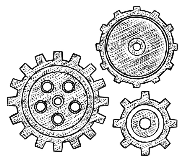 Vecteur croquis de roues dentées mécanisme d'horlogerie engrenages dessinés à la main