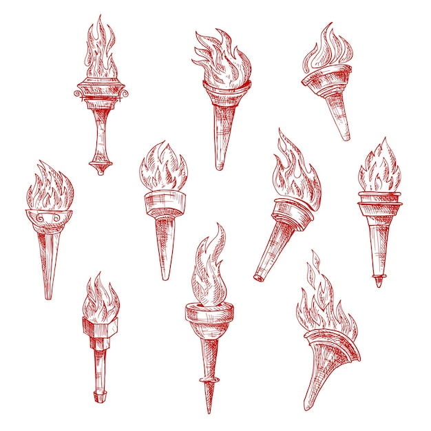 Croquis Rouges De Torches Enflammées De La Grèce Antique Avec Des Flammes Lumineuses. Objets Isolés Pour Le Symbole De La Victoire, La Compétition Sportive Ou La Conception De Thèmes D'histoire Et De Religion