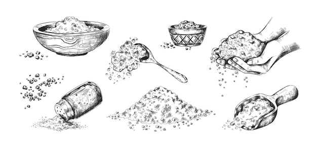 Vecteur croquis de sel de mer assaisonnement dessiné à la main dans des bols en bois ou une salière en verre scoop et cuillère pleine de cristaux épices salées noires et blanches ingrédient de cuisine vectoriel pour la conservation des aliments