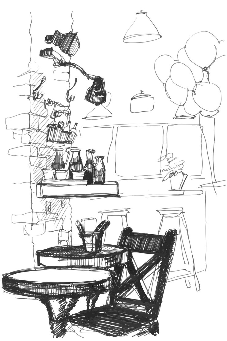Croquis d'une table et d'une chaise vectorielles à l'intérieur d'un café