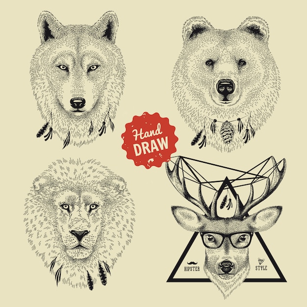 Croquis De Têtes D'animaux Sauvages Ours, Loup, Lion, Cerf Dans Un Style Hipster