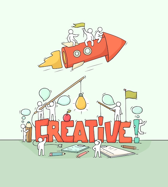 Vecteur croquis de travailleurs avec fusée, mot creative. illustration vectorielle de dessin animé pour la conception d'entreprise