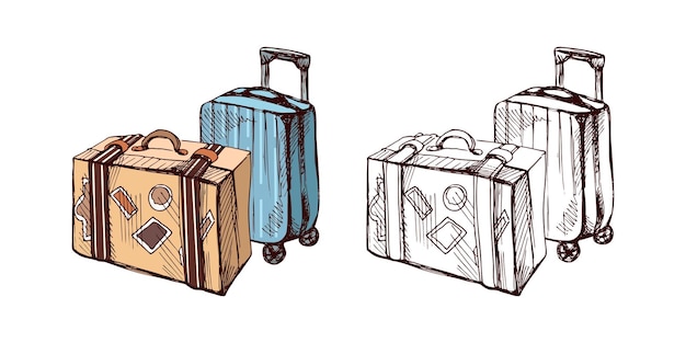 Des croquis de valises dessinés à la main, en couleurs et en monochrome