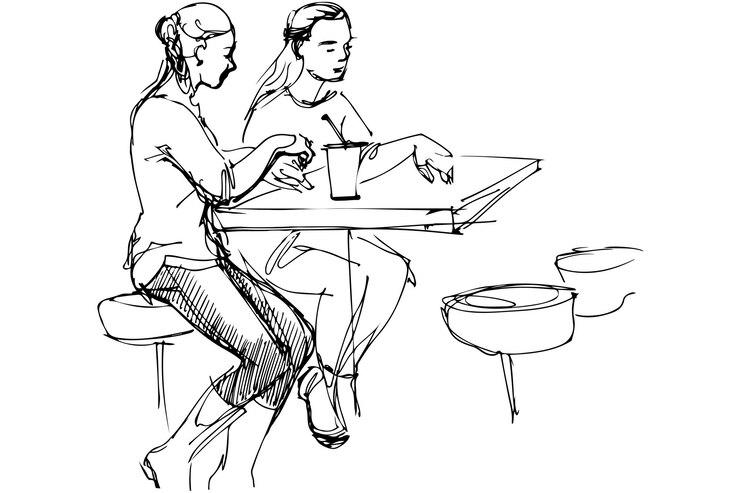 Croquis de vecteur de deux amis à une table dans un café