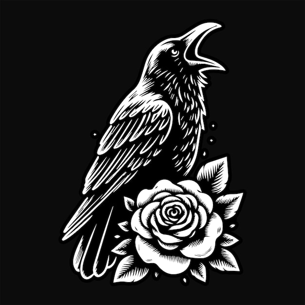 Crow Stand With Rose Flower Grunge Style Vintage Illustration Dessinée à La Main En Noir Et Blanc