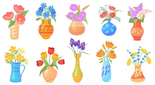 Vecteur cruche de dessin animé avec fleur fleurs épanouies dans des vases vase coloré avec bouquet printemps plante maison pichet floral lilas et tulipes bouteille eau pot de fleurs illustration vectorielle soignée