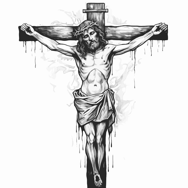 Vecteur crucifix noir et blanc avec jésus-christ sur fond blanc