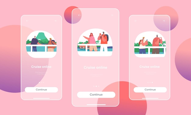 Vecteur cruise online mobile app page modèle d'écran à bord les touristes prennent des photos de lieux cartoon vector illustration