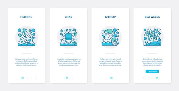 Les Crustacés Marins Poissons Et Plantes Marines Sous-marines. Ux, Application Mobile D'intégration De L'interface Utilisateur Définie Des Symboles De La Vie Marine, Collection De Varech D'algues Crevettes Crabe Hareng