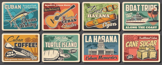 Cuba et La Havane voyagent des affiches rétro emblématiques. Image vectorielle plage de la mer des Caraïbes, palmiers tropicaux, carte cubaine, cigare de tabac, café et guitare, bâtiment de la capitale de La Havane, bateau de pêche, marlin bleu et tortue