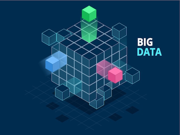 Cube De Big Data Abstrait Isométrique, Données De Boîte. Science et technologie. Illustration vectorielle.