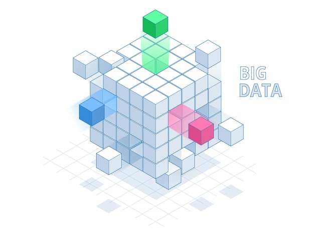 Cube De Big Data Abstrait Isométrique, Données De Boîte. Science Et Technologie. Illustration Vectorielle.