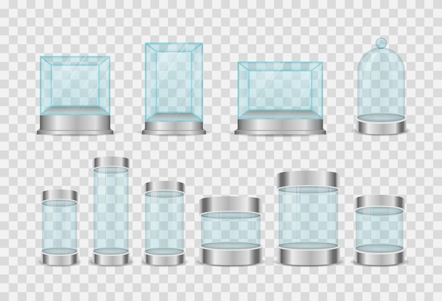 Vecteur cube de cristal transparent et vitrines vides de cylindre