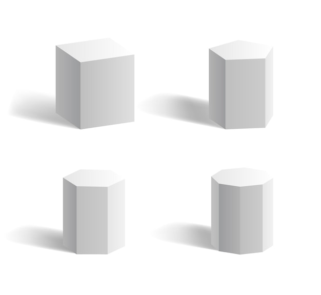 Cube de formes géométriques 3D de base, cuboïde, hexagone, prisme du pentagone blanc