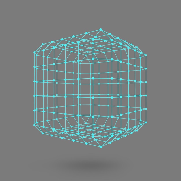 Cube de lignes et de points. Cube des lignes reliées aux points. Réseau moléculaire. La grille structurelle des polygones. Fond noir. L'installation est située sur un fond de studio noir.