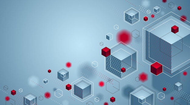 Les Cubes Se Regroupent Avec Des Lignes D'éléments Rouges Et Bleus Et Des Points Vectoriels Abstraits, Conception Géométrique D'abstraction 3d, Thème De La Technologie Et De La Science.