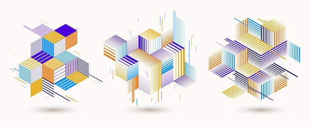 Cubes et triangles 3D de conception de ligne ensemble d'arrière-plans abstraits, modèles de style rétro isométrique polygonal low poly. Éléments graphiques rayés isolés. Modèles d'affiches ou de bannières, de couvertures ou de publicités.