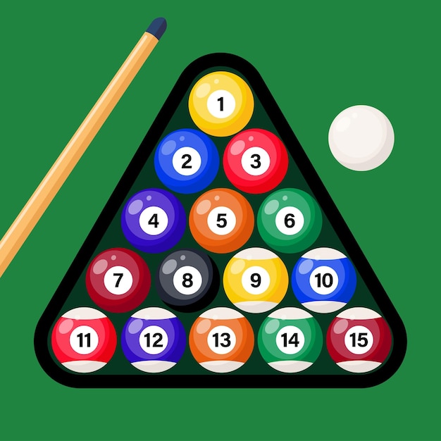 Vecteur cue de billard et boules de billard dans un triangle sur une table verte boules de billard triangle et bâton de billard