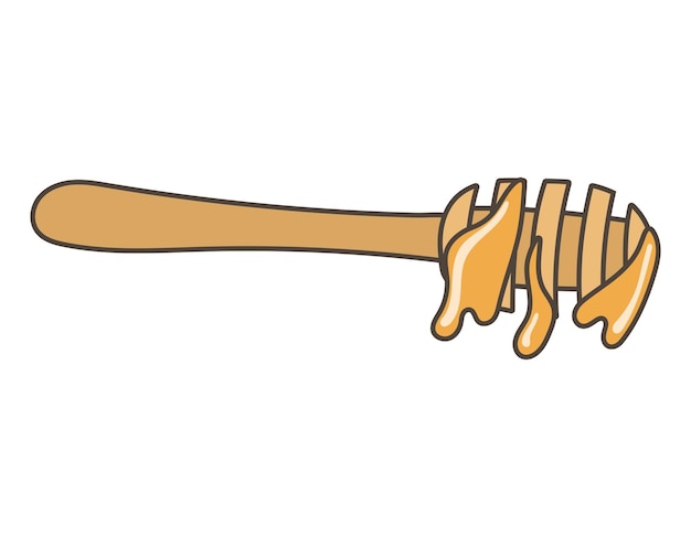 Vecteur cuillère à broche en bois avec des gouttes de miel collant autocollant de dessin animé de doodle isolé de vecteur