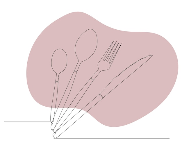 Cuillères fourchette couteau croquis vecteur de dessin au trait continu