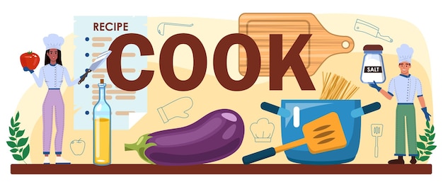 Cuire l'en-tête typographique. Spécialiste culinaire préparant et servant un savoureux