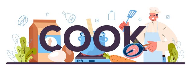 Cuire l'en-tête typographique. Spécialiste culinaire préparant et servant un savoureux