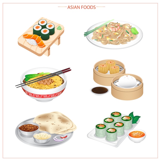 Vecteur cuisine asiatique, variété d'ingrédients, légumes, herbes et épices.