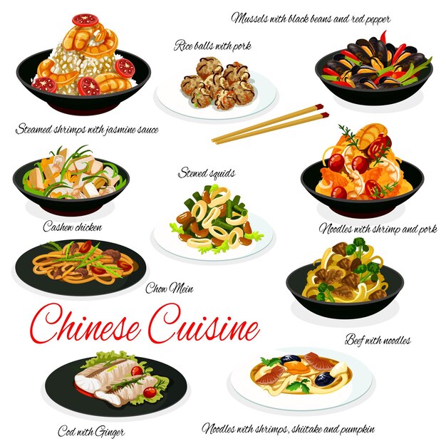Vecteur cuisine chinoise viande légumes fruits de mer et riz