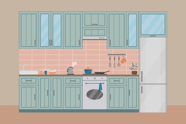 Cuisine confortable illustration vectorielle plane d'intérieur Réfrigérateur meubles four pot de fleurs bouilloire