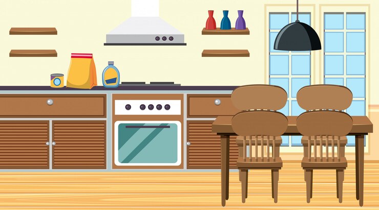 Vecteur cuisine avec cuisinière et table à manger