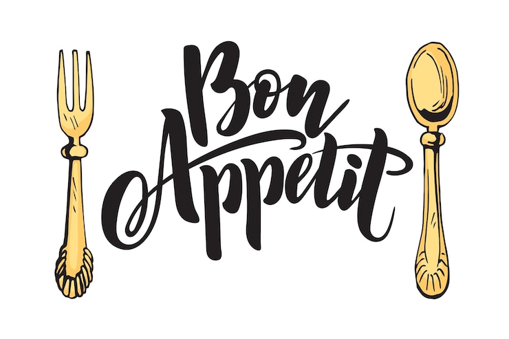 Vecteur cuisine cuisson lettres inscriptions logo couleur fourchette et cuillère cuisine étiquette bon appetit fourchette cuillère calligraphie dessinée à la main illustration vectorielle typographie élément de conception lettrage
