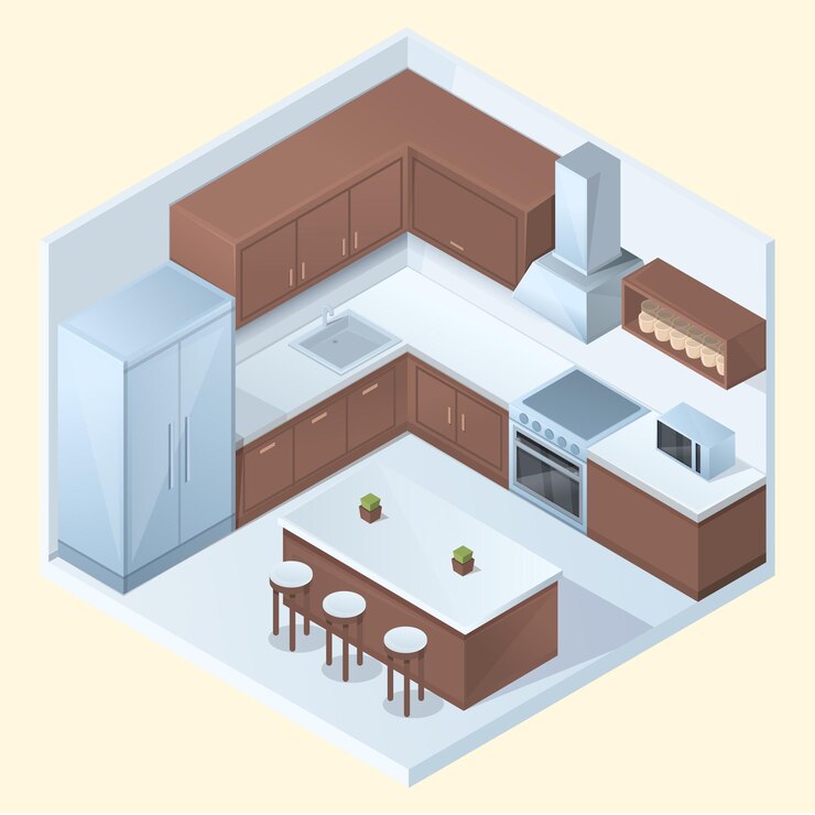 Vecteur cuisine de dessin animé isométrique avec meubles et appareils électroménagers, illustration vectorielle