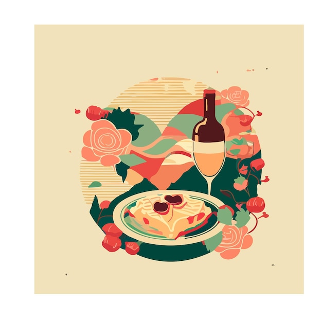 Vecteur cuisine du monde, assiettes de coeur, vin et pâtes, image vectorielle, illustrateur, design