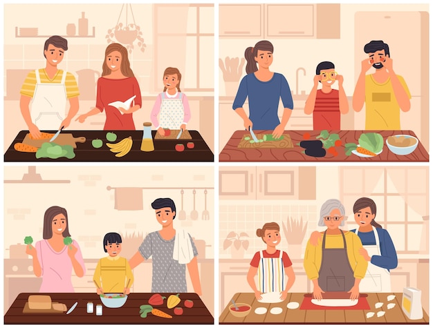 Cuisine familiale Mère père et enfants dans la cuisine préparation des aliments des gens heureux cuisinent des repas petit-déjeuner commun tous les jours ou pendant les vacances ensemble de scènes vectorielles de dîner festif