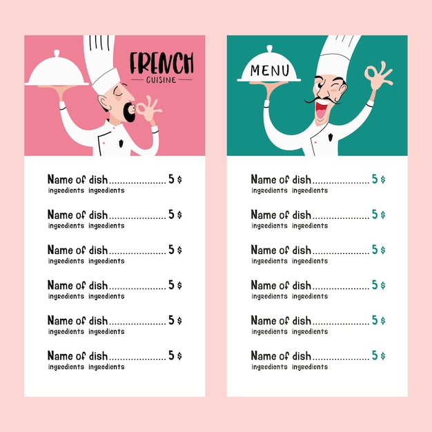 Cuisine Française. Un Ensemble De Menus. Chef Gai Avec Un Plat. Illustration Vectorielle.