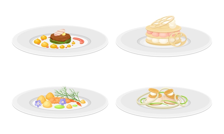 Vecteur cuisine haute ou grande cuisine avec préparation méticuleuse des aliments et service sur assiette set vectoriel de vue latérale