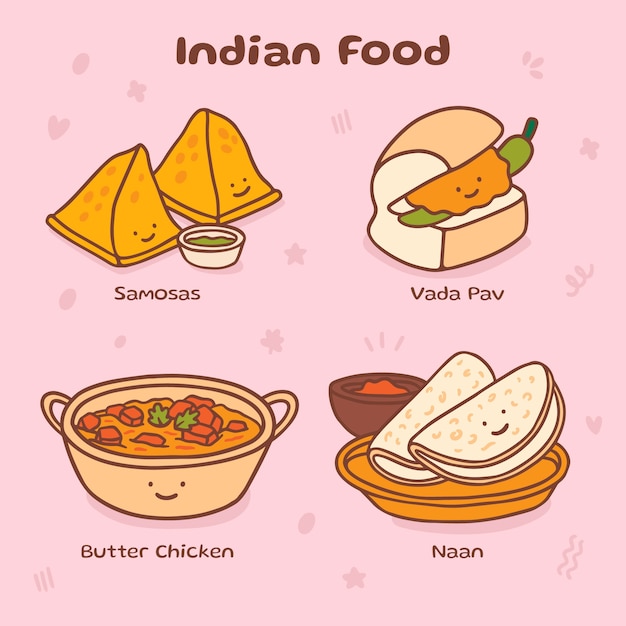 Vecteur cuisine indienne dessinée à la main