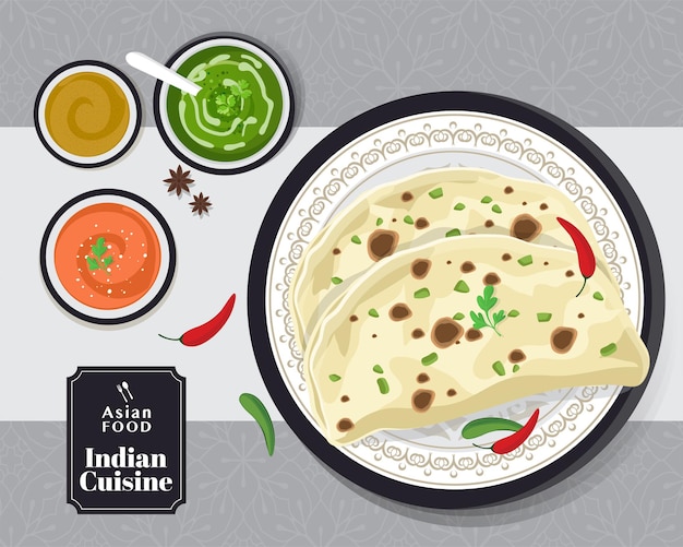 Cuisine indienne kulcha, pain indien Kulcha, illustration vectorielle