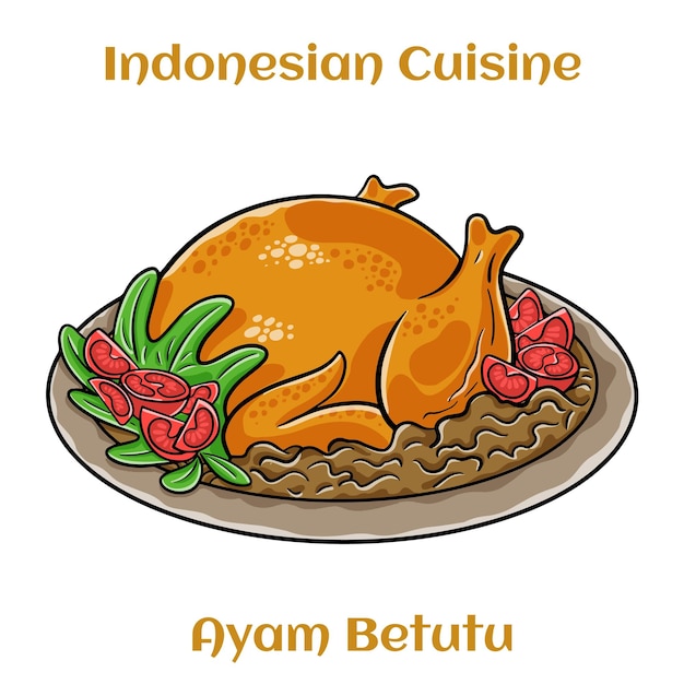 Cuisine indonésienne Ayam Betutu Poulet entier rempli de feuilles de manioc assaisonnement balinais Servi avec Sambal Matah et cacahuètes grillées
