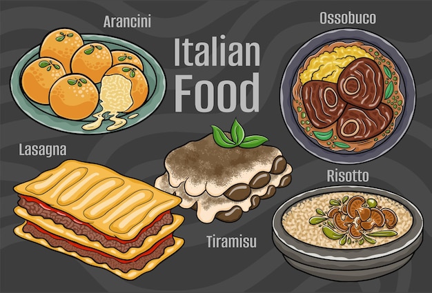 Cuisine italienne Un ensemble de plats classiques Cartoon illustration dessinée à la main