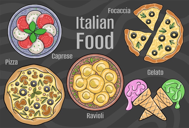 Cuisine italienne Un ensemble de plats classiques Cartoon illustration dessinée à la main