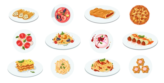 Vecteur cuisine italienne traditionnelle menu du restaurant de dessin animé avec pizza au fromage, huile d'olive et tomates graphique vectoriel des plats traditionnels méditerranéens illustration du menu de la cuisine italienne