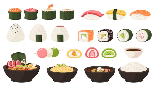 Cuisine Japonaise Cuisine Asiatique Sushi Et Rouleaux De Dessin Animé Soupe Oden Ou Okonomiyaki Bonbons Traditionnels Délicieux Mochi Et Dango Bols De Nouilles Savoureuses Tempura Ensemble De Repas Oriental Vectoriel