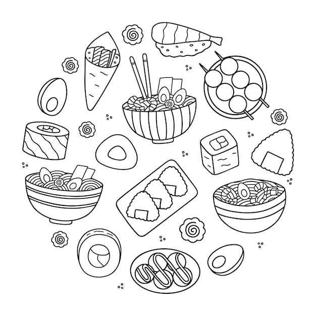 Cuisine Japonaise Doodle Set Cuisine Asiatique Ramen Sushi Onigiri Dango Dans Le Style De Croquis