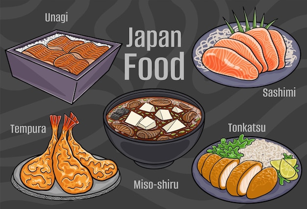 Cuisine japonaise Un ensemble de plats classiques Illustration de dessin animé dessinés à la main