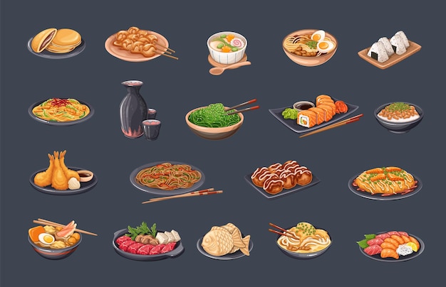 Cuisine Japonaise Sert Des Baguettes Et Des Bols De Cuisine Asiatique Avec Des Sushis Et Des Rouleaux De Nouilles Cuites