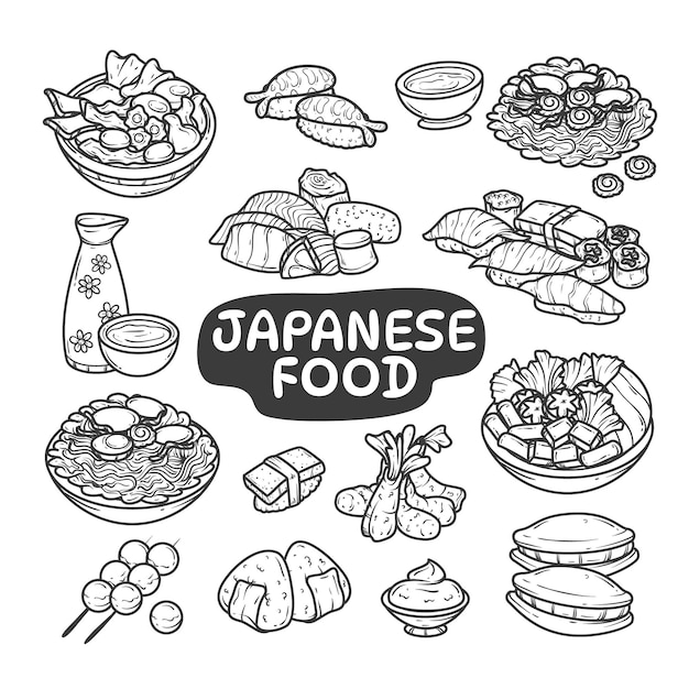 Vecteur cuisine japonaise de style doodle dessiné à la main