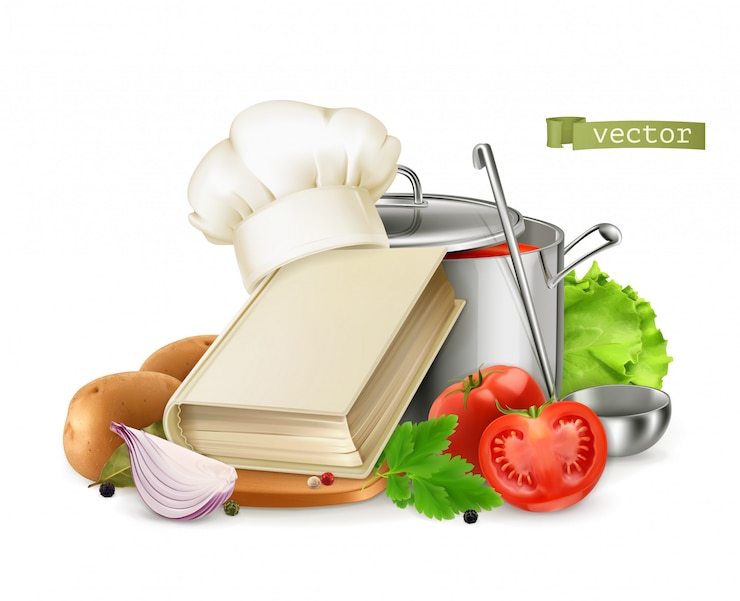 Vecteur cuisine, livre de recettes. illustration de nourriture réaliste 3d